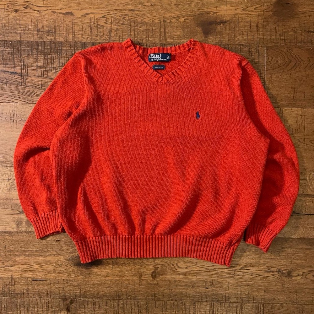 Polo Ralph Lauren Sweater Mens XL Orange Preppy Cotton Knit V-Neck Vintage